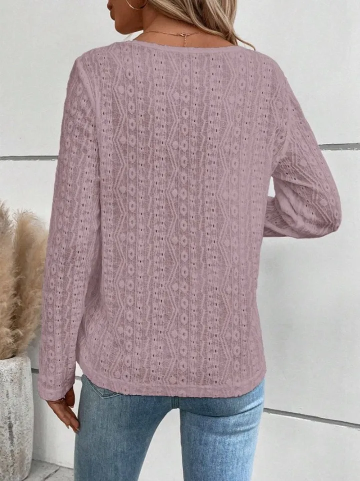 Tia Openwork Half Button Long Sleeve Top