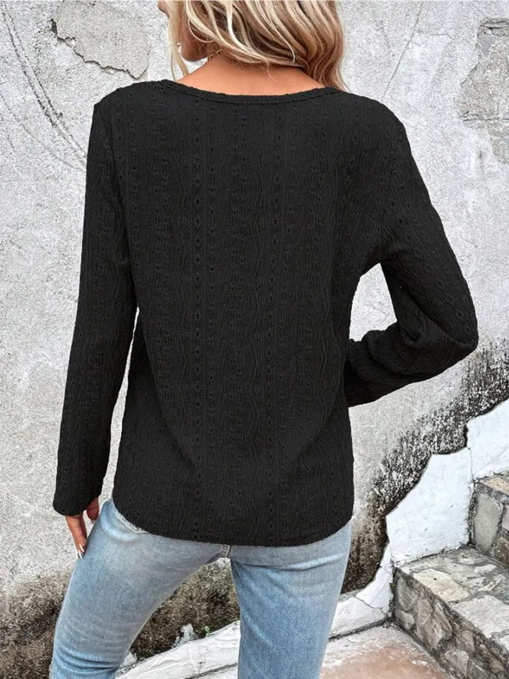 Tia Openwork Half Button Long Sleeve Top