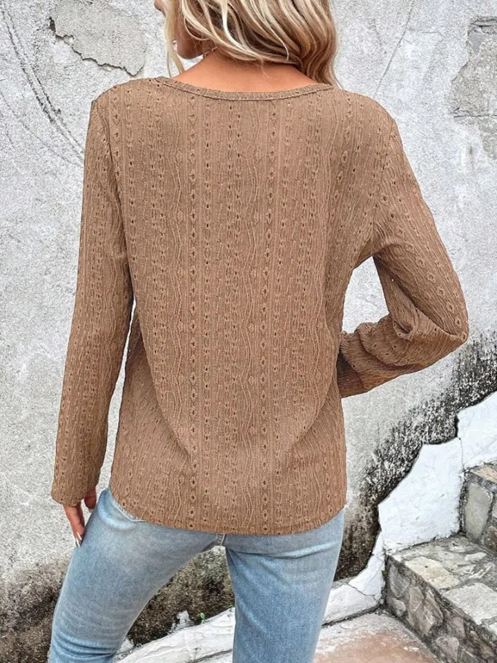 Tia Openwork Half Button Long Sleeve Top