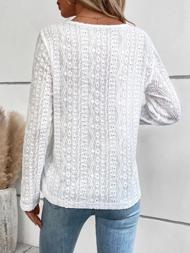 Tia Openwork Half Button Long Sleeve Top