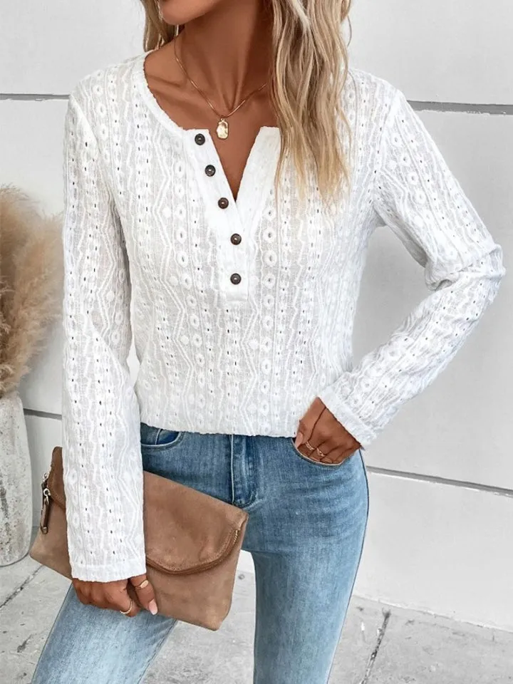 Tia Openwork Half Button Long Sleeve Top