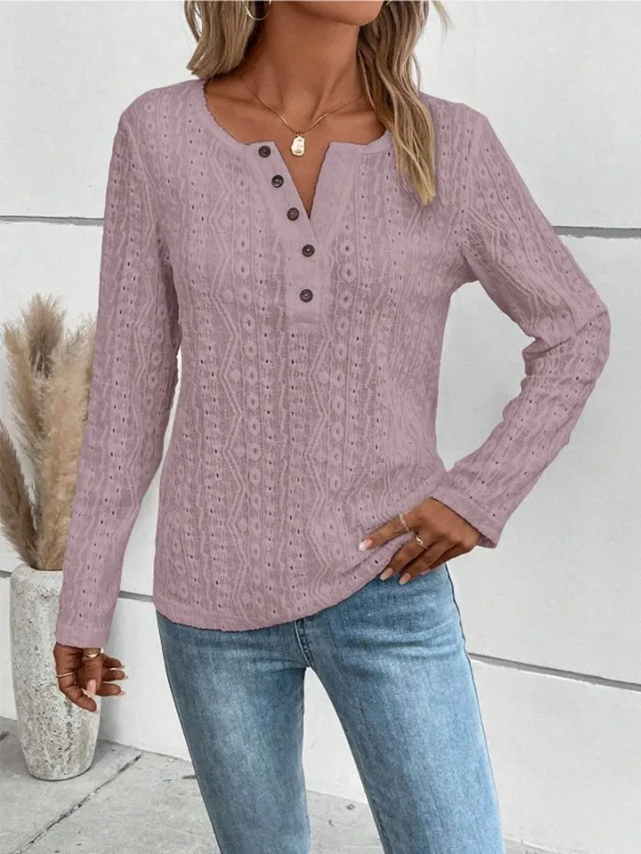 Tia Openwork Half Button Long Sleeve Top