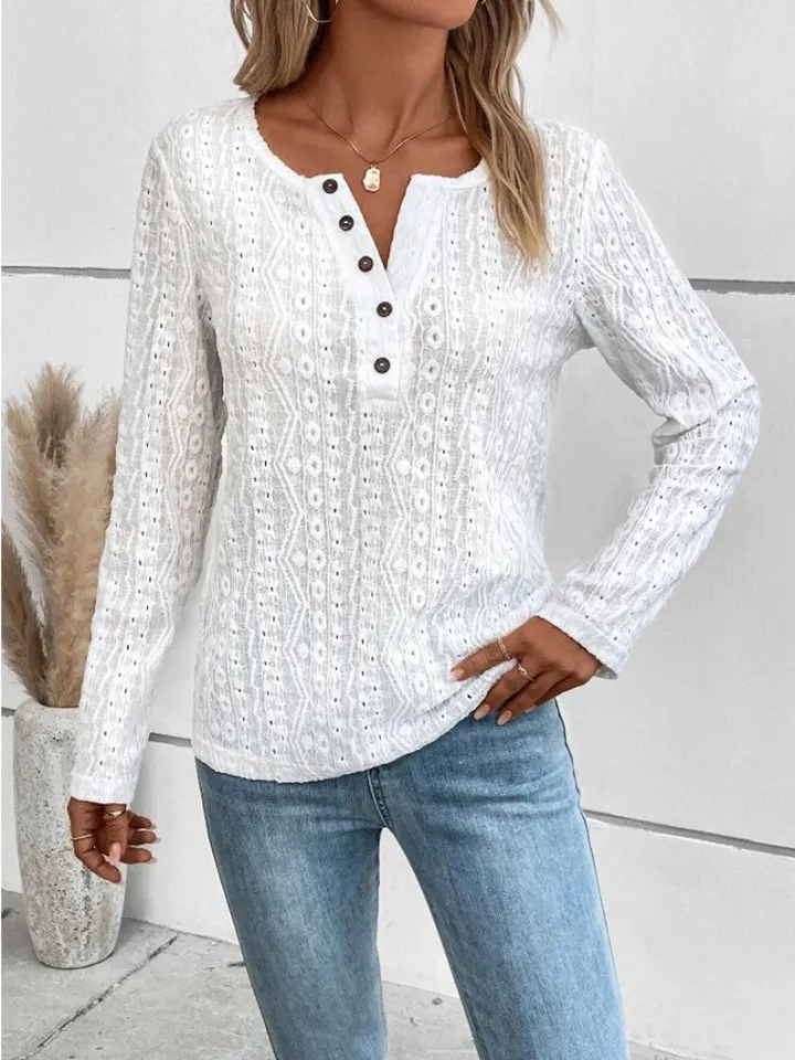 Tia Openwork Half Button Long Sleeve Top