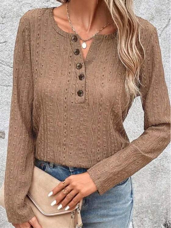 Tia Openwork Half Button Long Sleeve Top