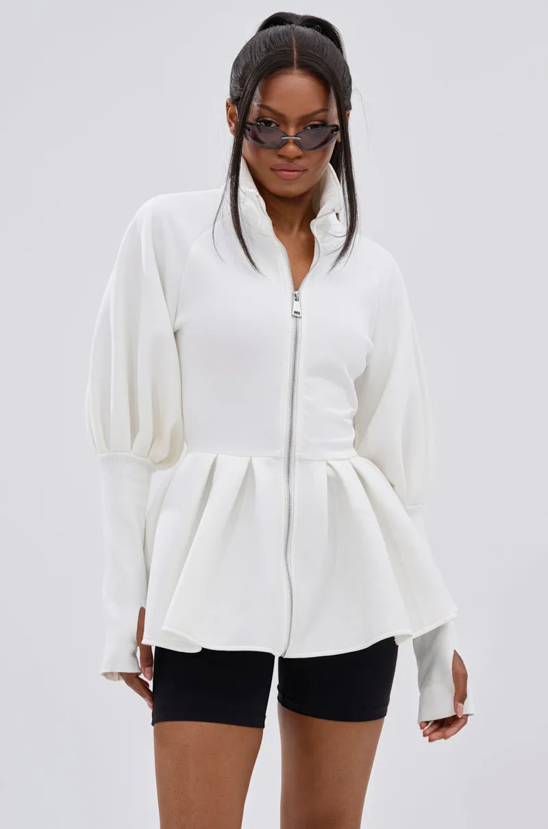 TWIN FLAME PEPLUM BOMBER IN WHITE