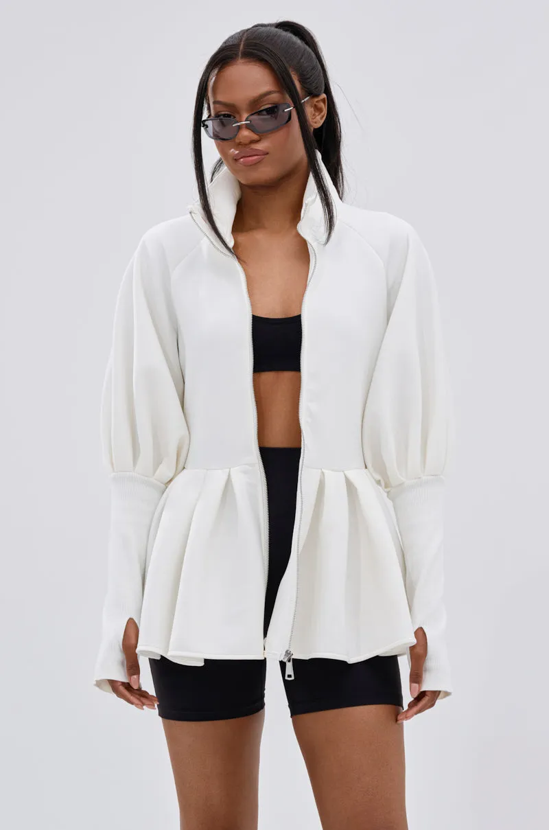 TWIN FLAME PEPLUM BOMBER IN WHITE