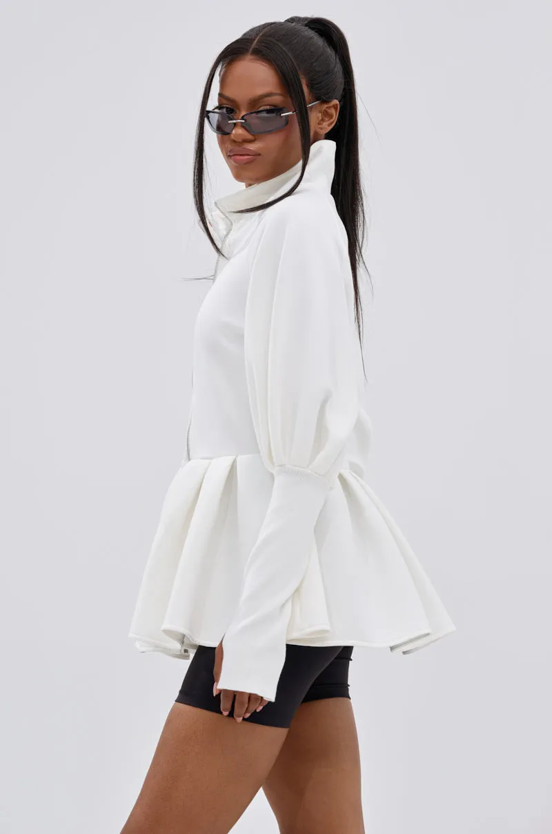 TWIN FLAME PEPLUM BOMBER IN WHITE