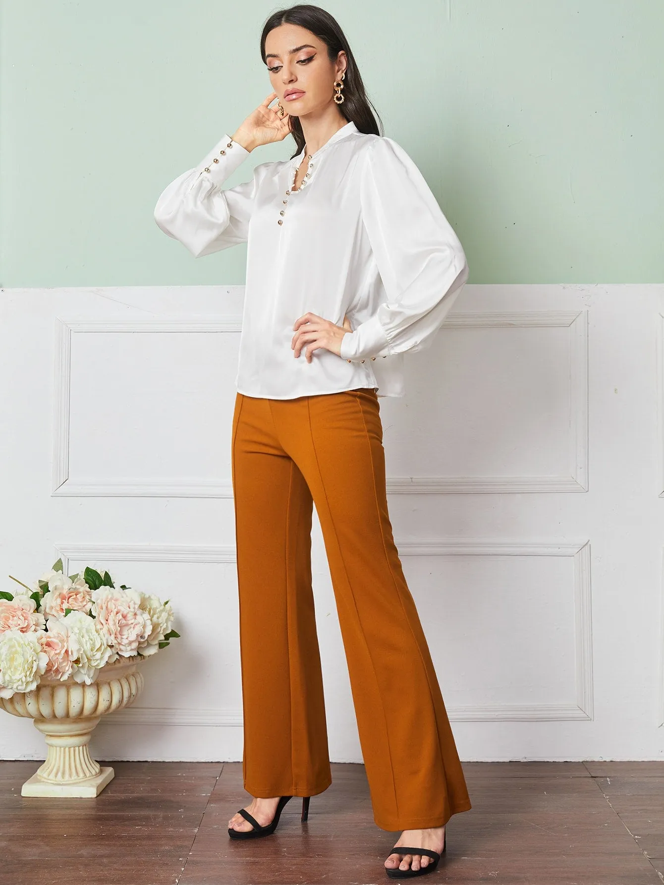 V Neck button front top&Seam Front Flare Leg Pants ( clearance sale