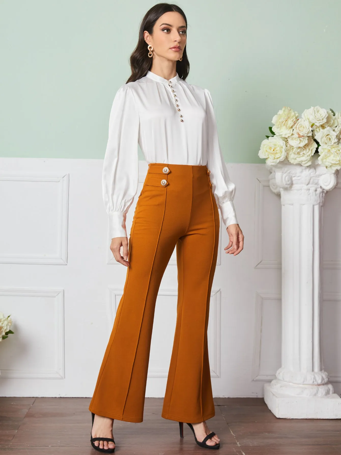 V Neck button front top&Seam Front Flare Leg Pants ( clearance sale