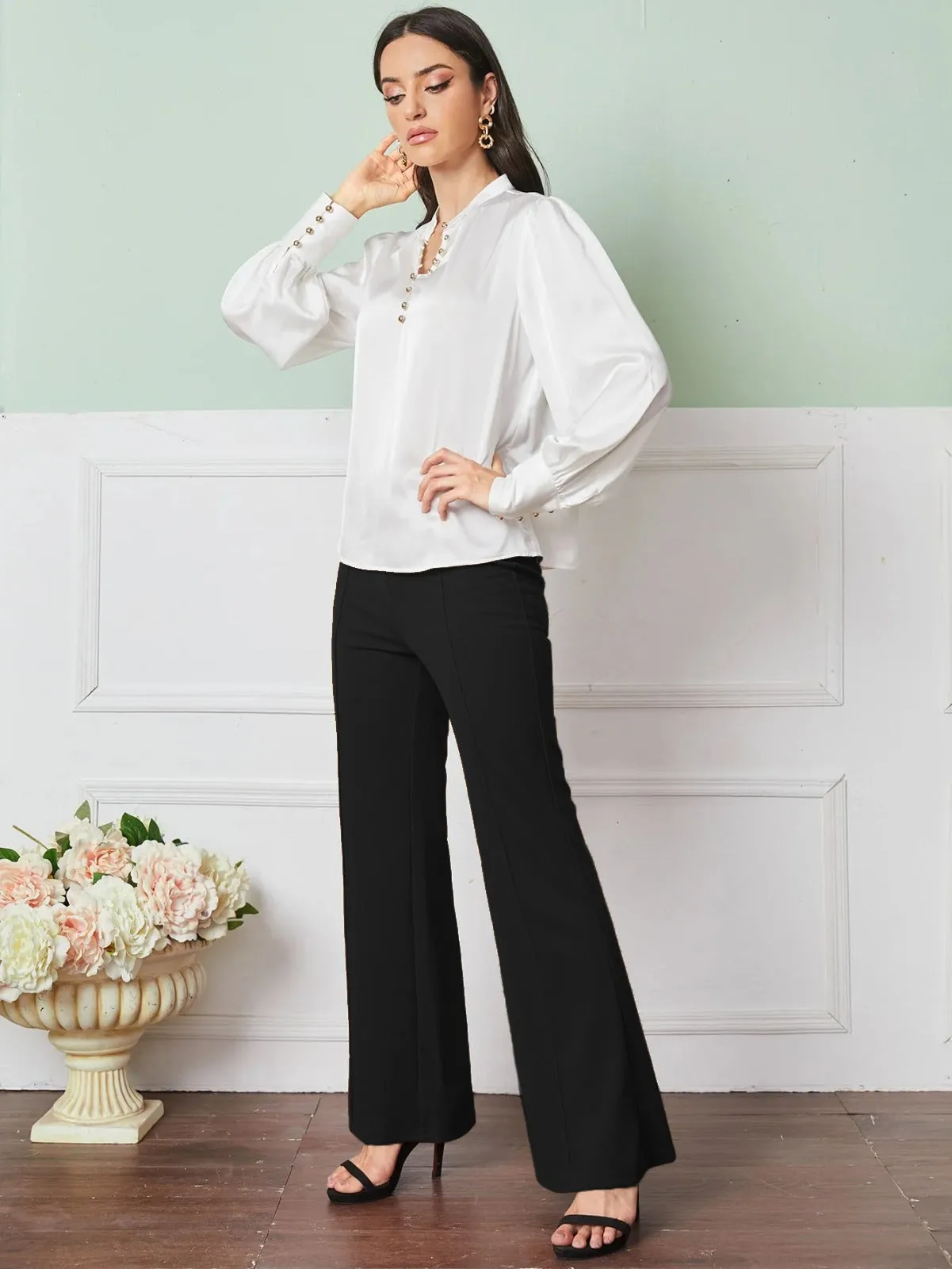 V Neck button front top&Seam Front Flare Leg Pants ( clearance sale