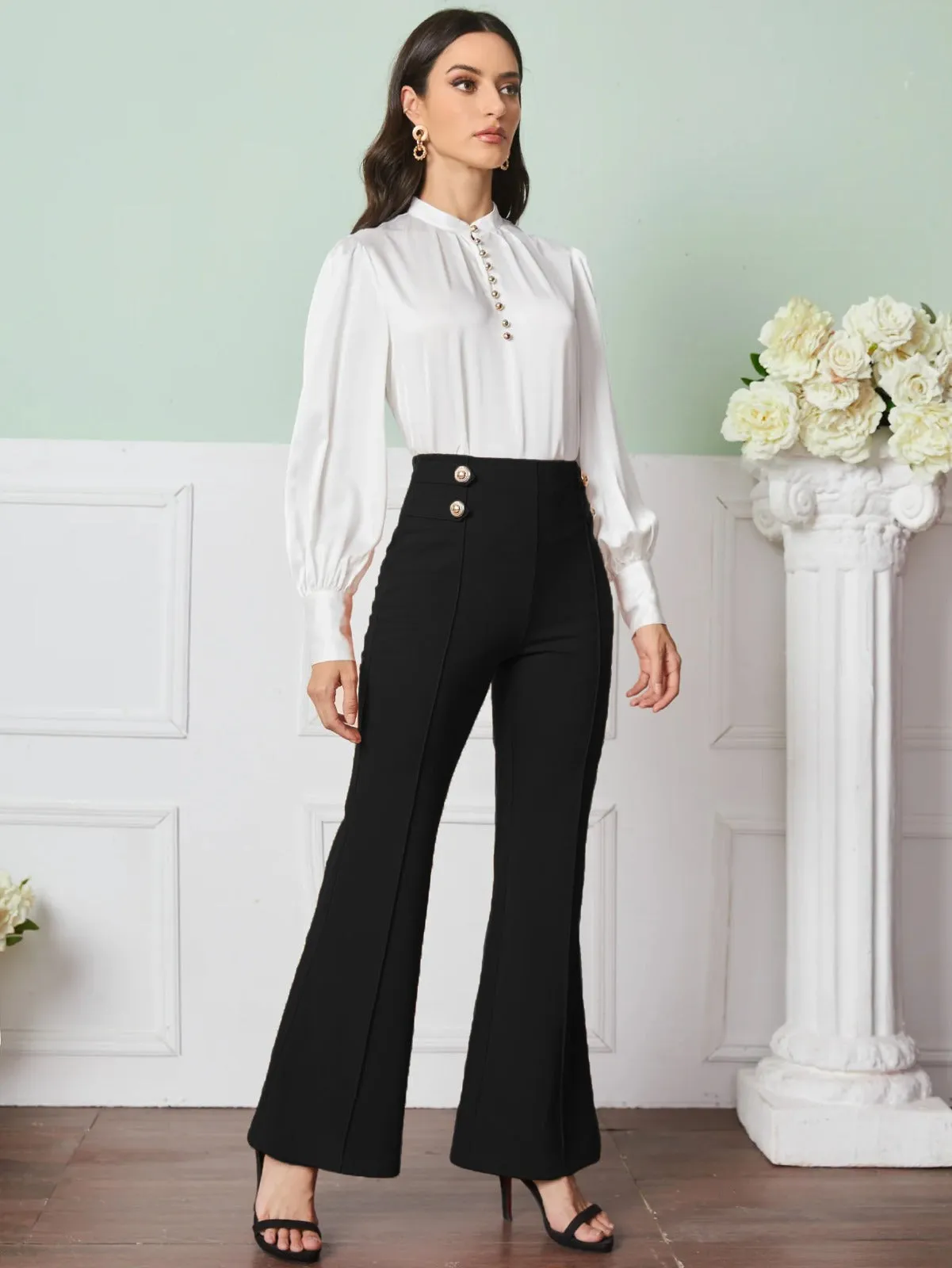 V Neck button front top&Seam Front Flare Leg Pants ( clearance sale