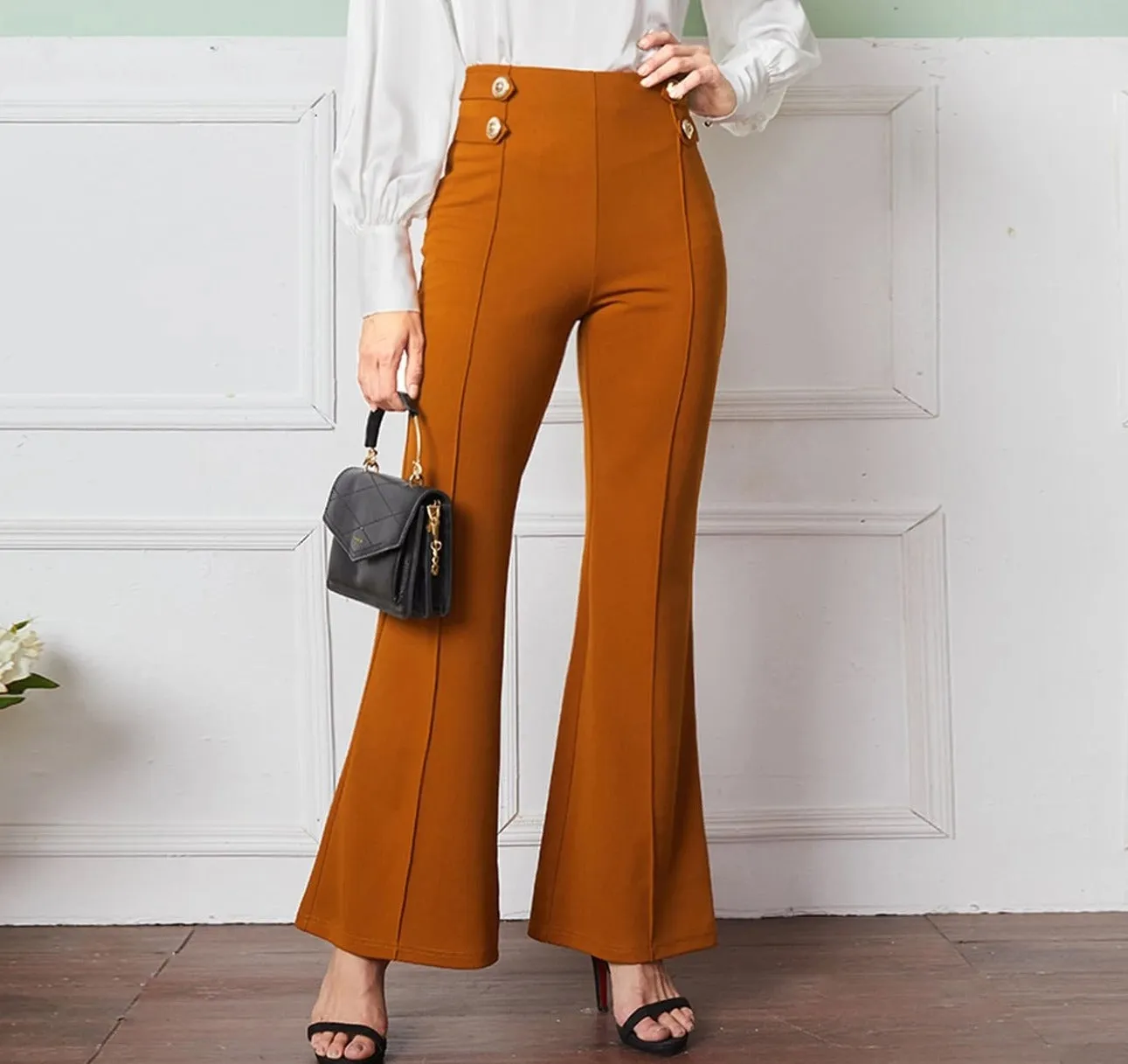 V Neck button front top&Seam Front Flare Leg Pants ( clearance sale