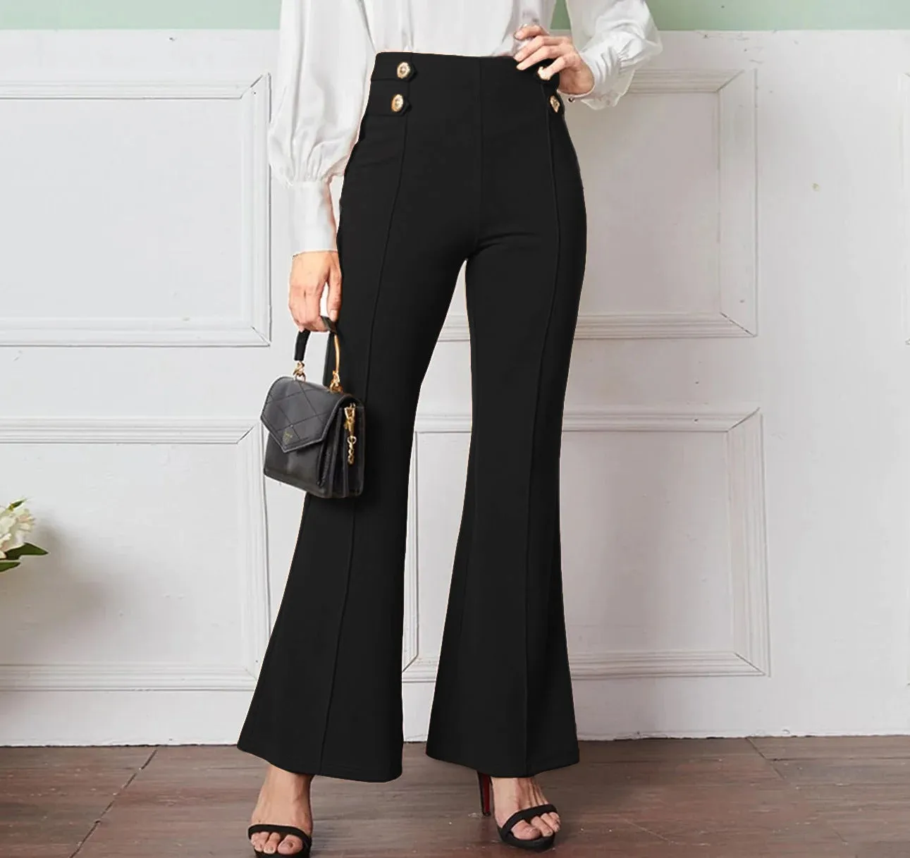 V Neck button front top&Seam Front Flare Leg Pants ( clearance sale