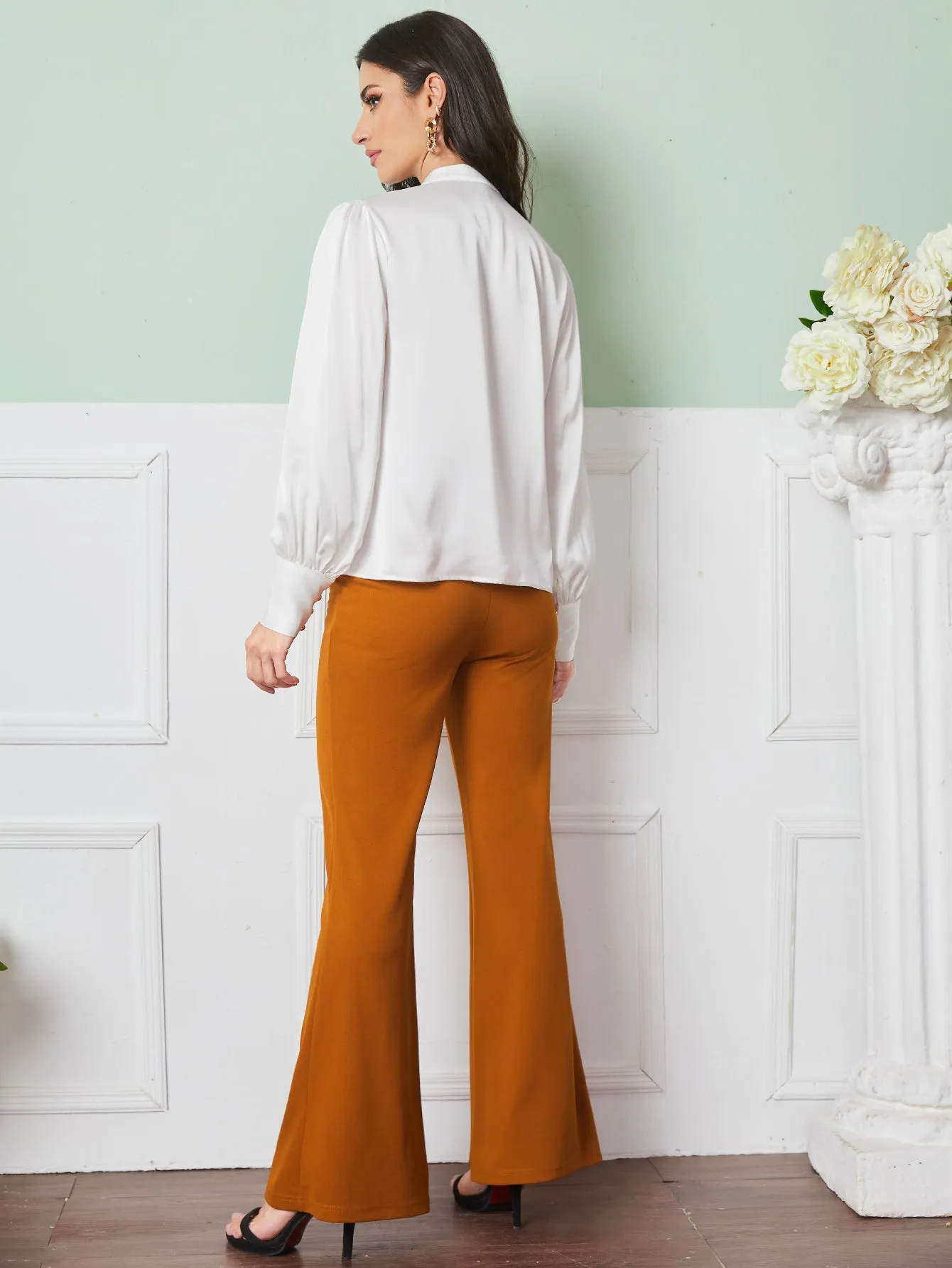 V Neck button front top&Seam Front Flare Leg Pants ( clearance sale