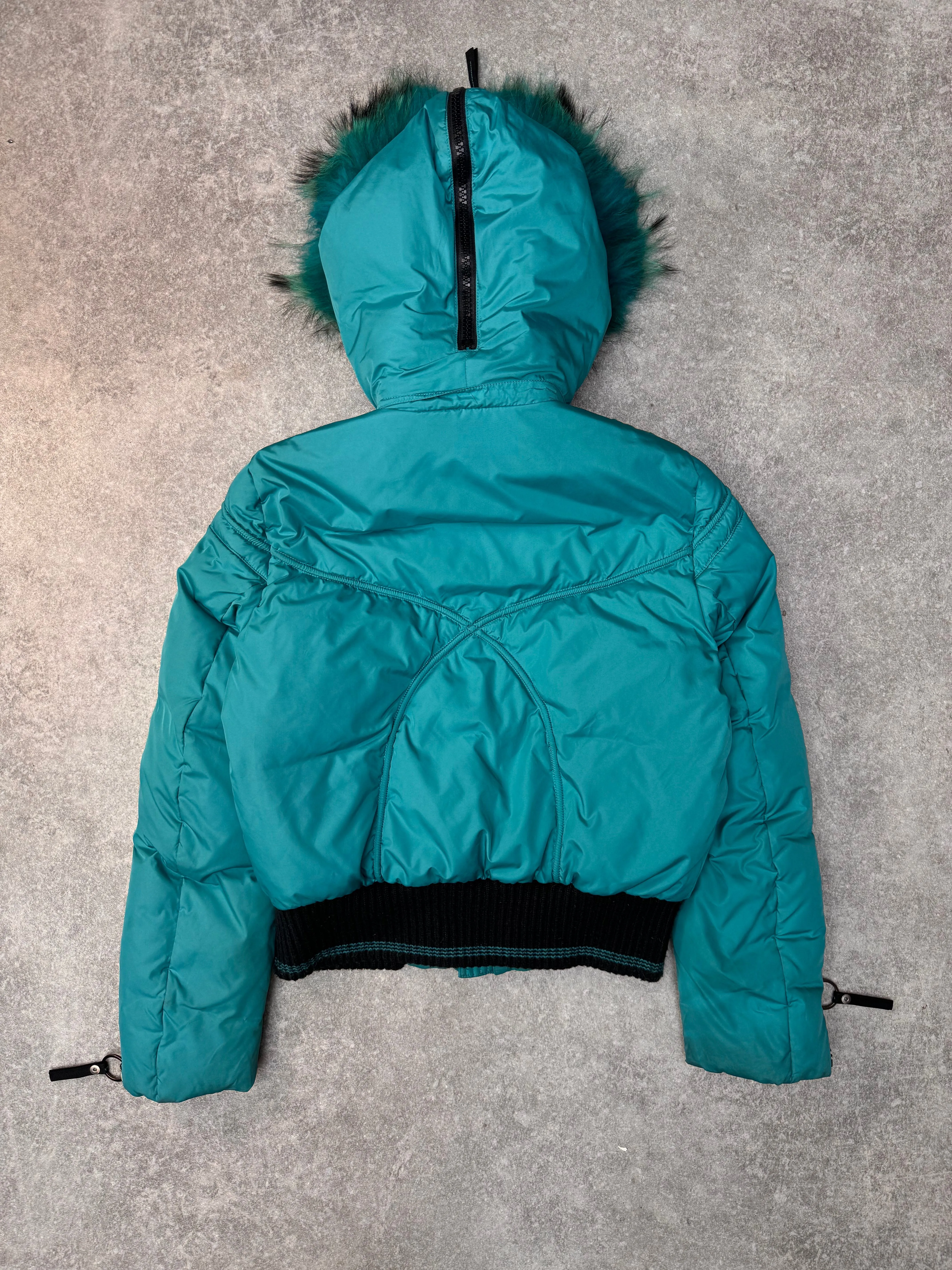Versace Sport Fur Trimmed Turquoise Cropped Hooded Puffer Jacket