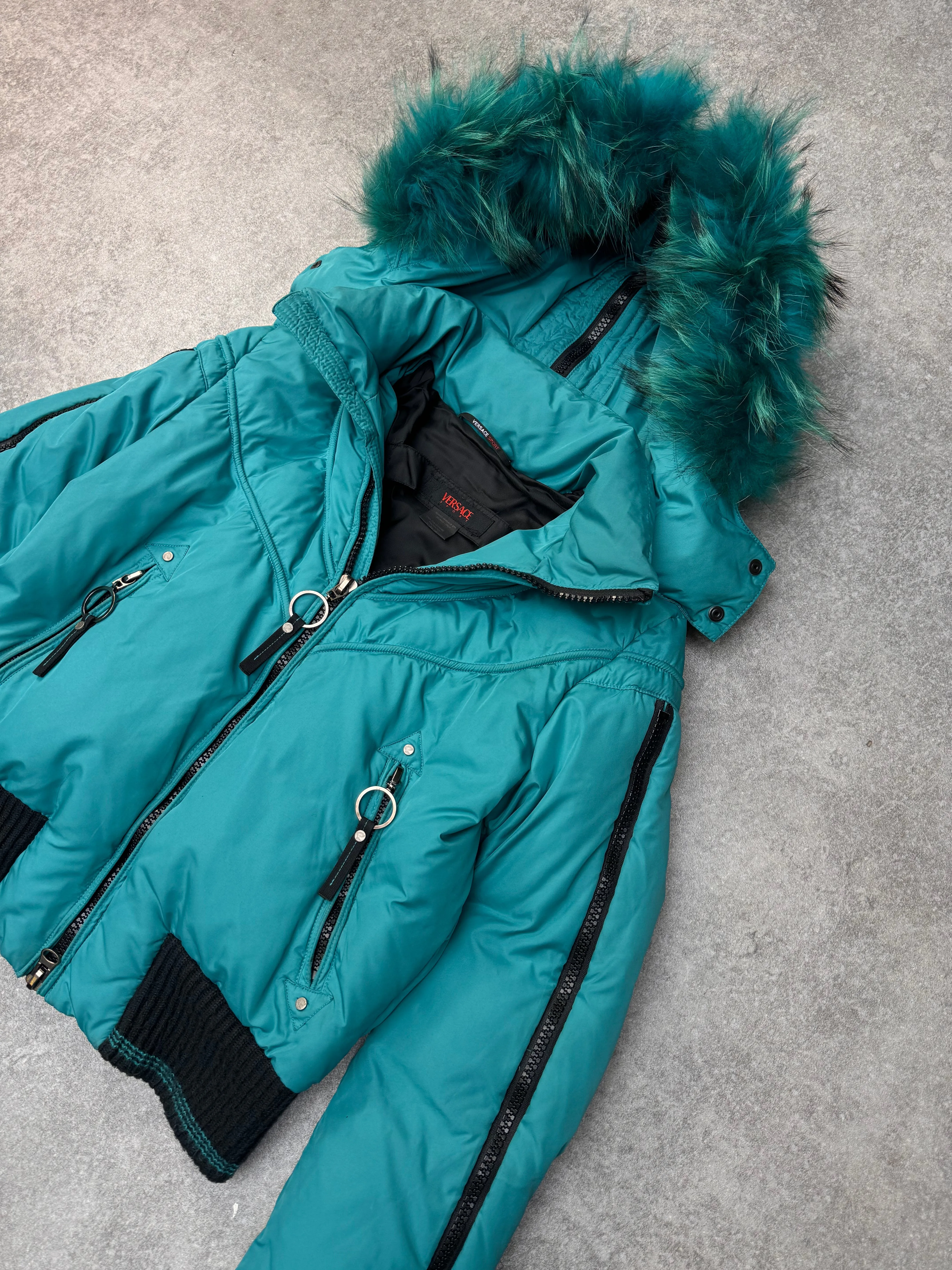 Versace Sport Fur Trimmed Turquoise Cropped Hooded Puffer Jacket