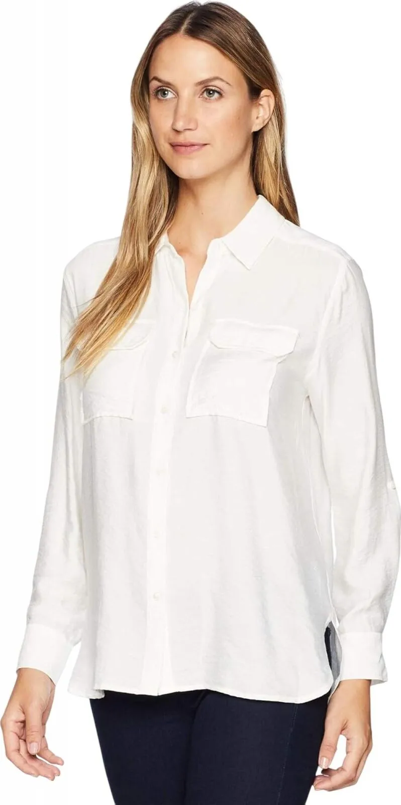 Vince Camuto Women's Two-Pocket Long Sleeve Flowy Rumple Top 9099060 White L