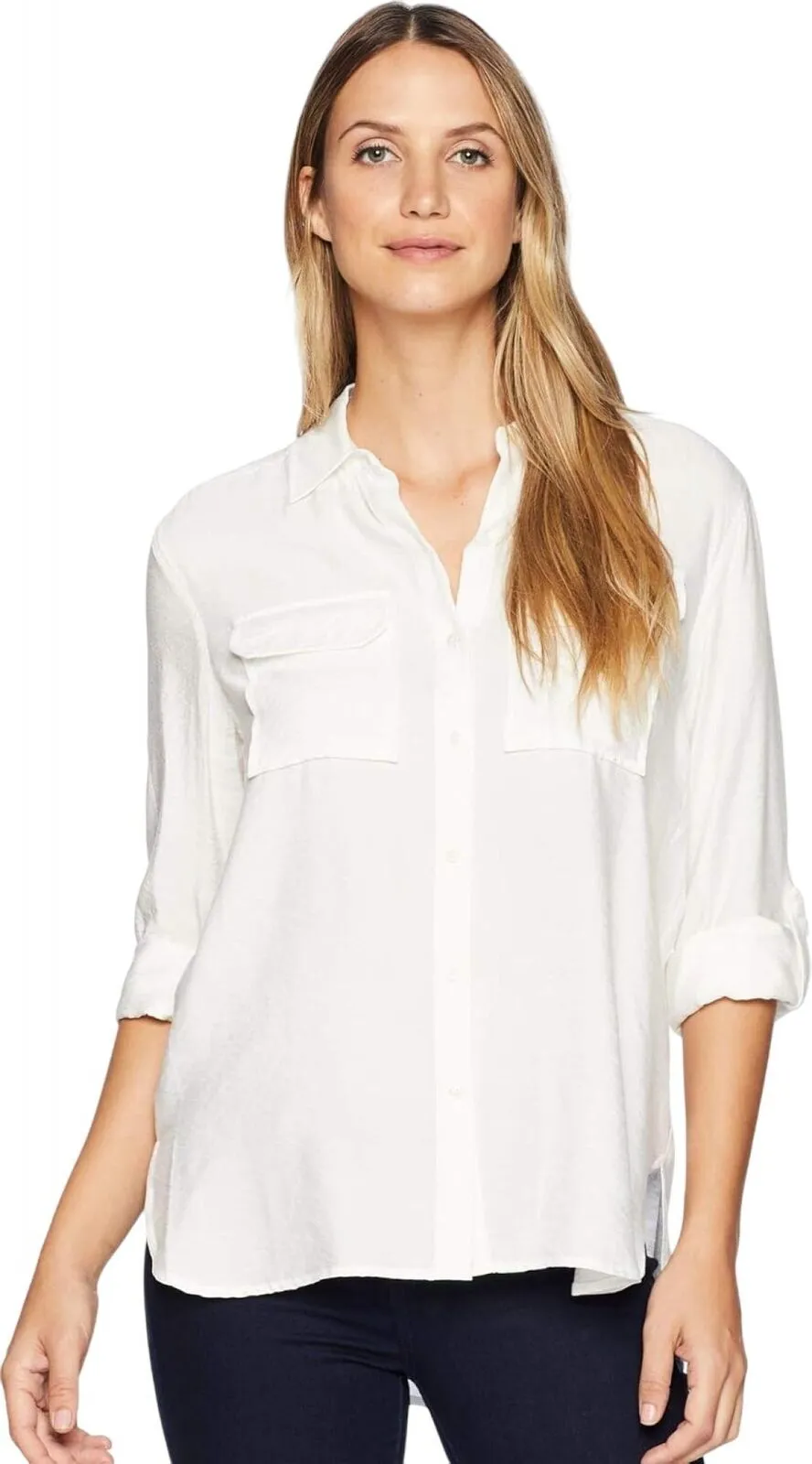 Vince Camuto Women's Two-Pocket Long Sleeve Flowy Rumple Top 9099060 White L