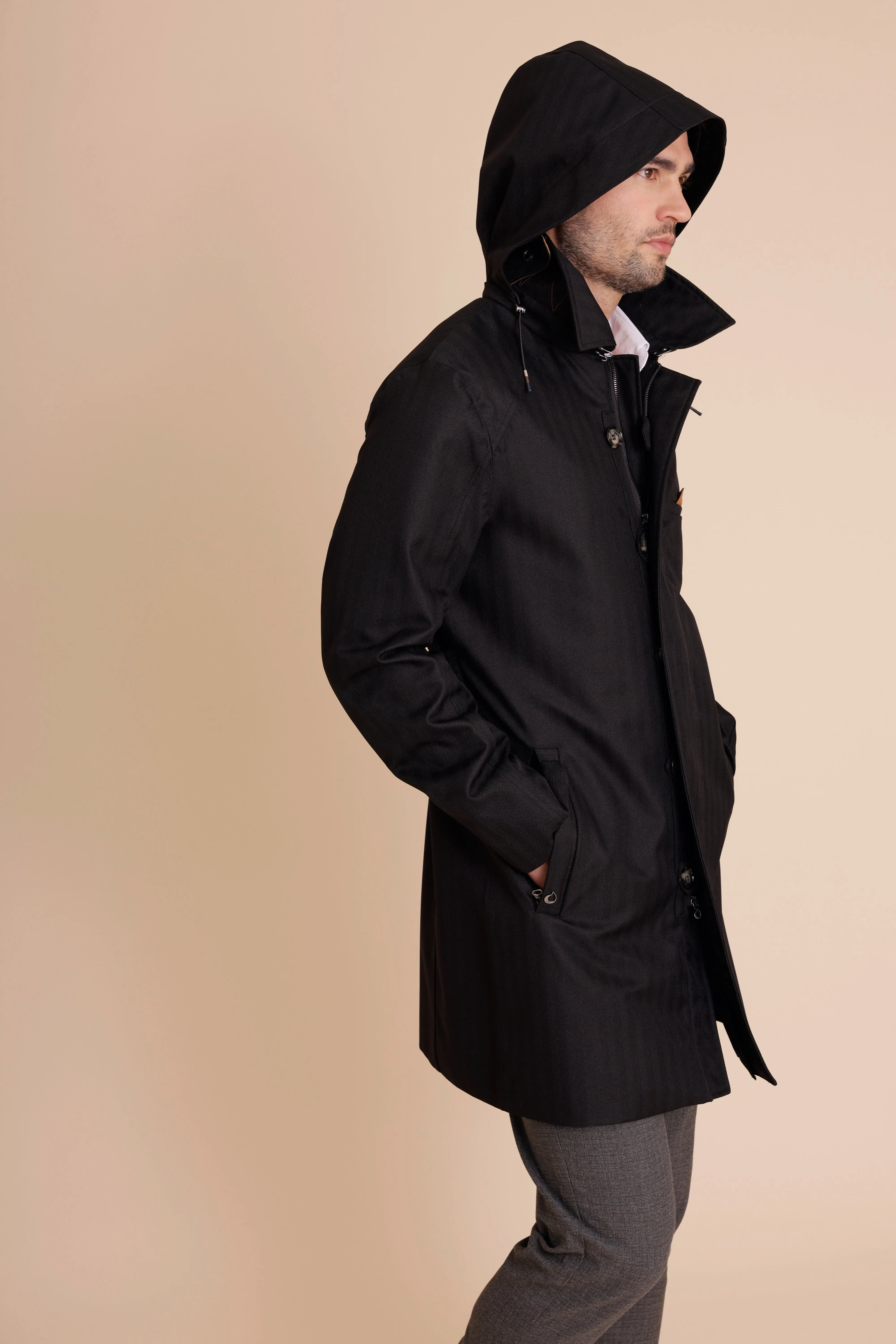Waterproof Straight Fit Trenchcoat  | Black Herringbone