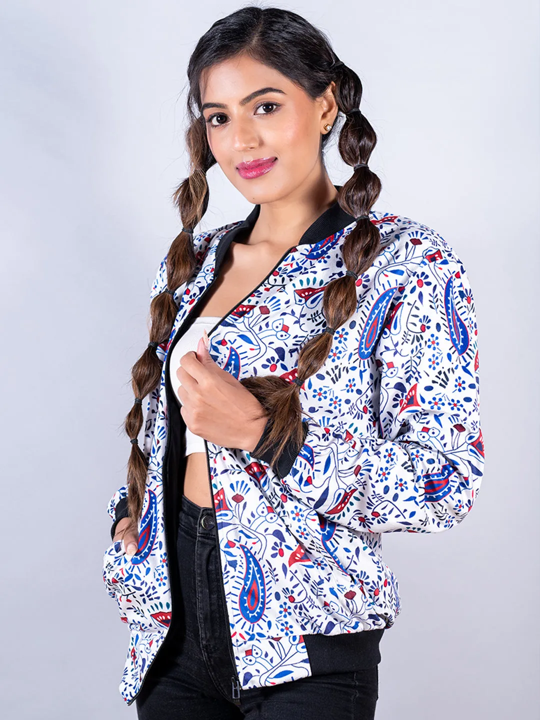 White Paisley Printed Velvet Jacket For Women