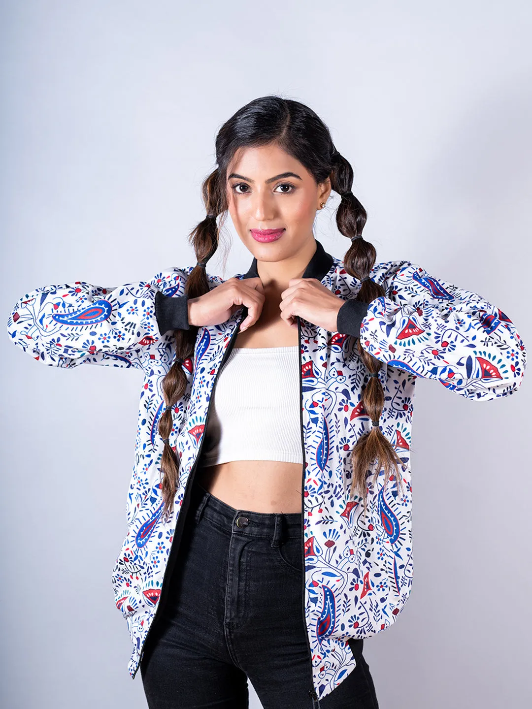 White Paisley Printed Velvet Jacket For Women