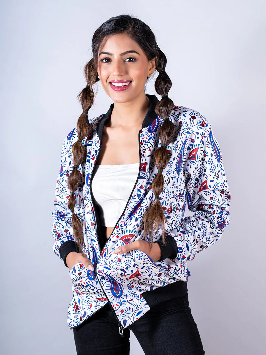 White Paisley Printed Velvet Jacket For Women