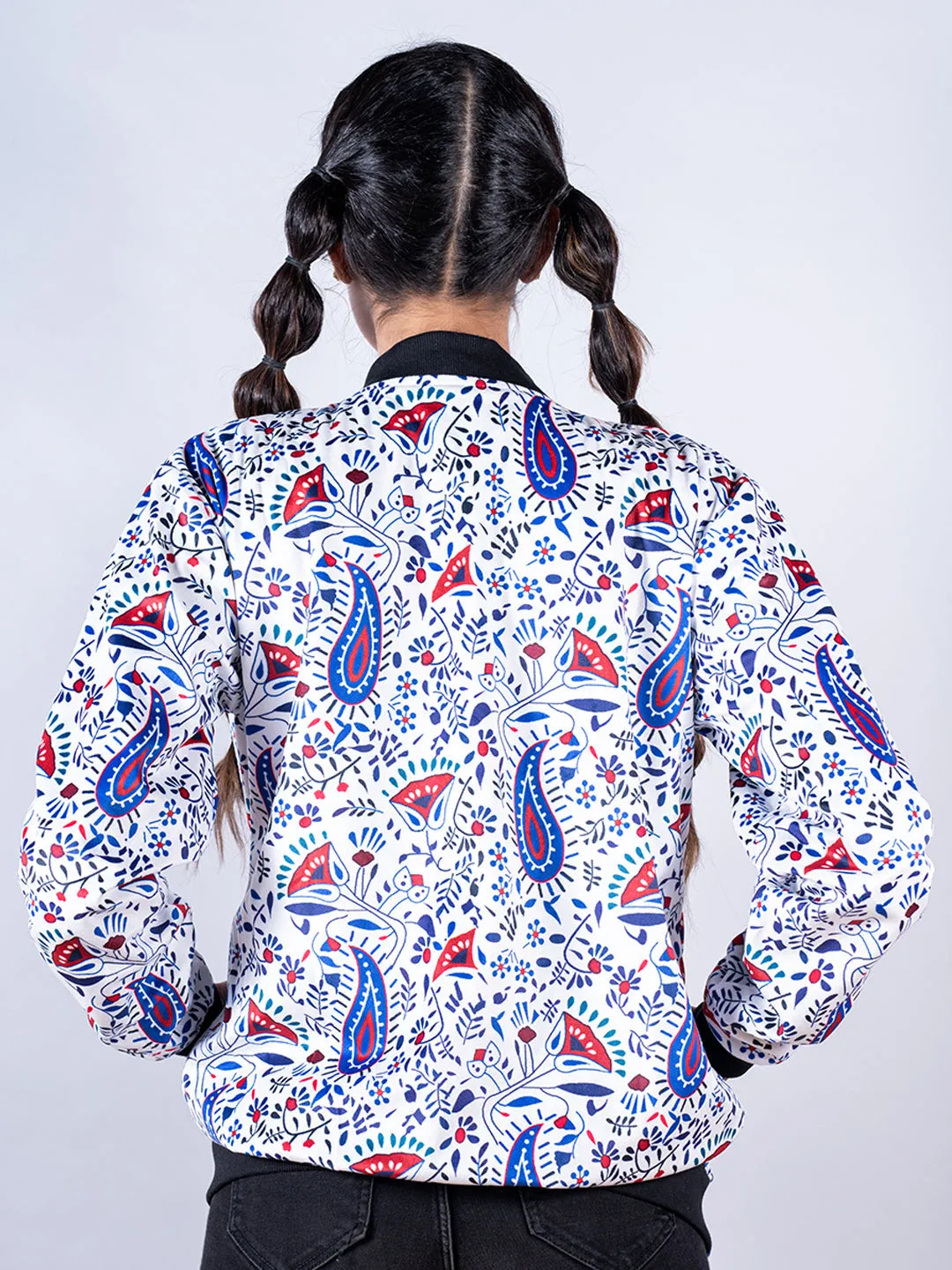 White Paisley Printed Velvet Jacket For Women