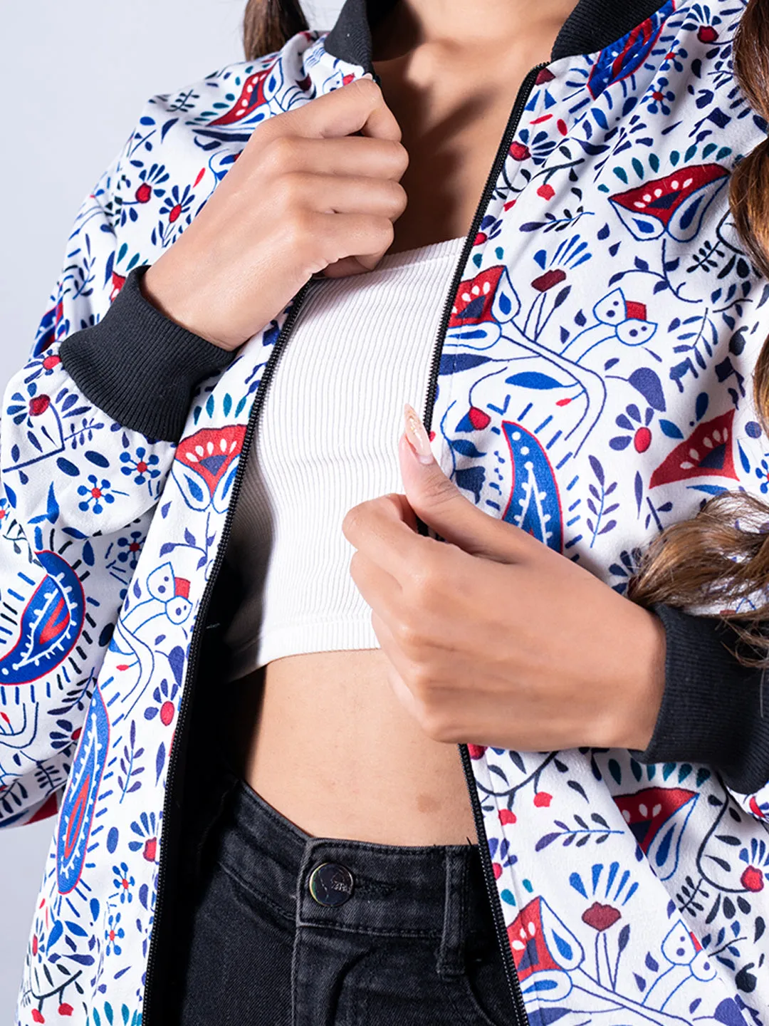 White Paisley Printed Velvet Jacket For Women