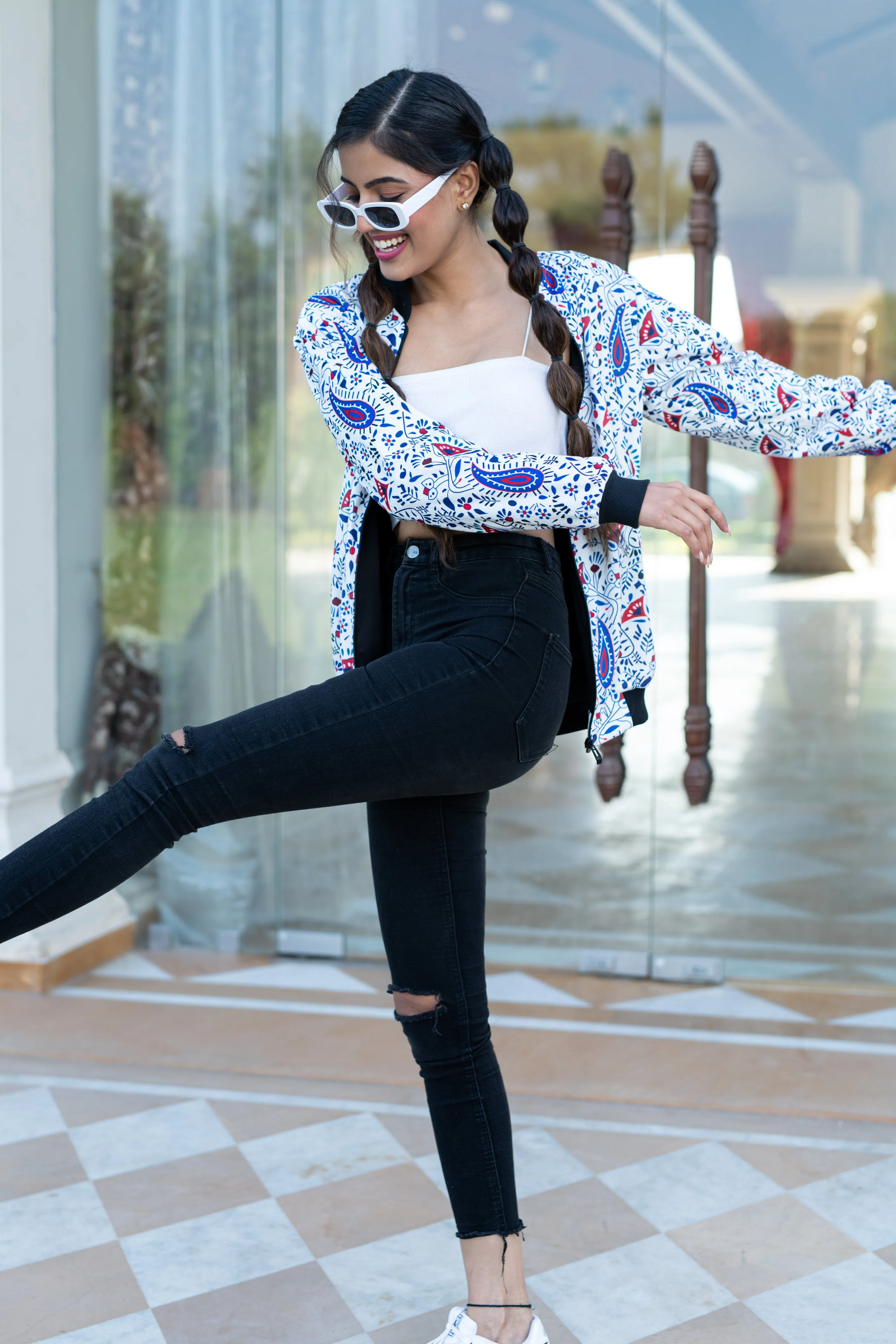 White Paisley Printed Velvet Jacket For Women