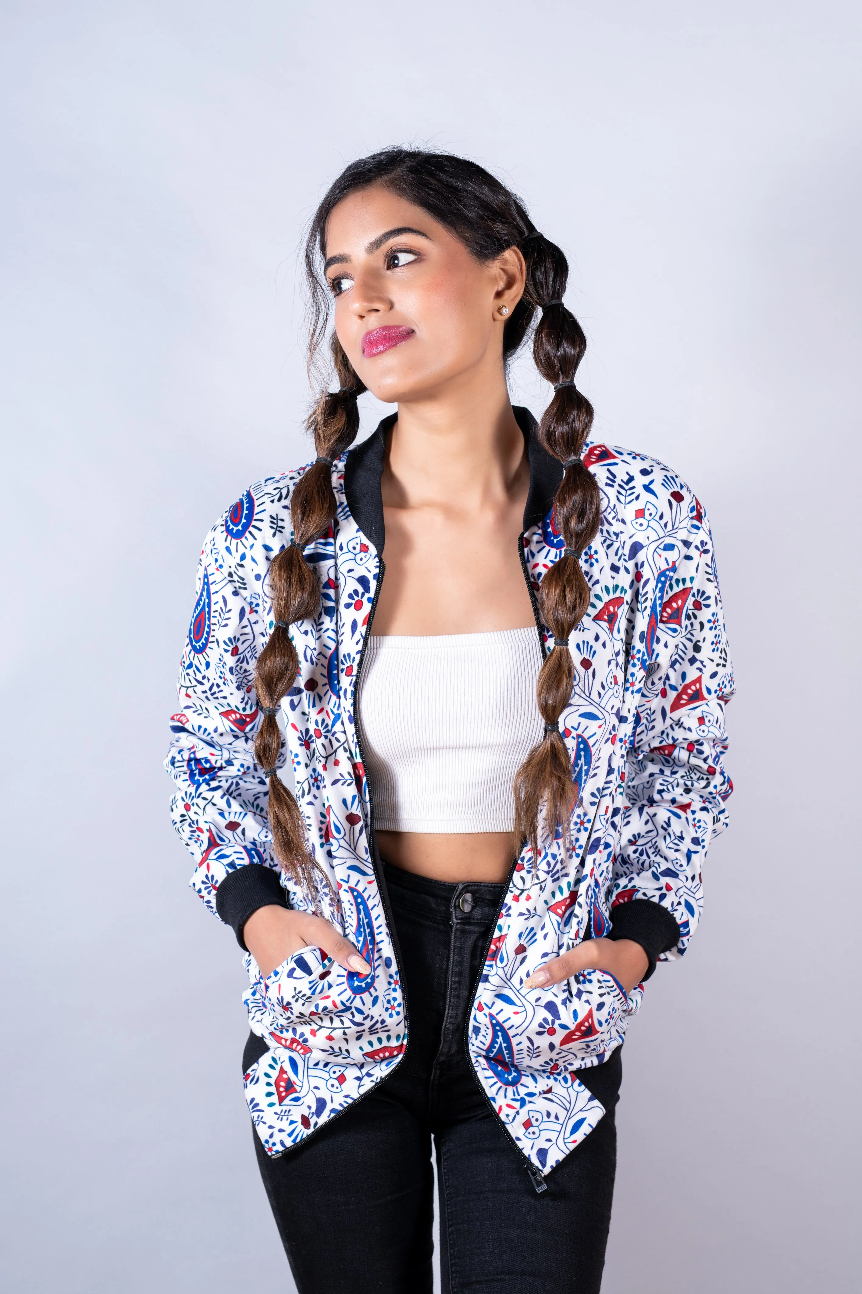 White Paisley Printed Velvet Jacket For Women
