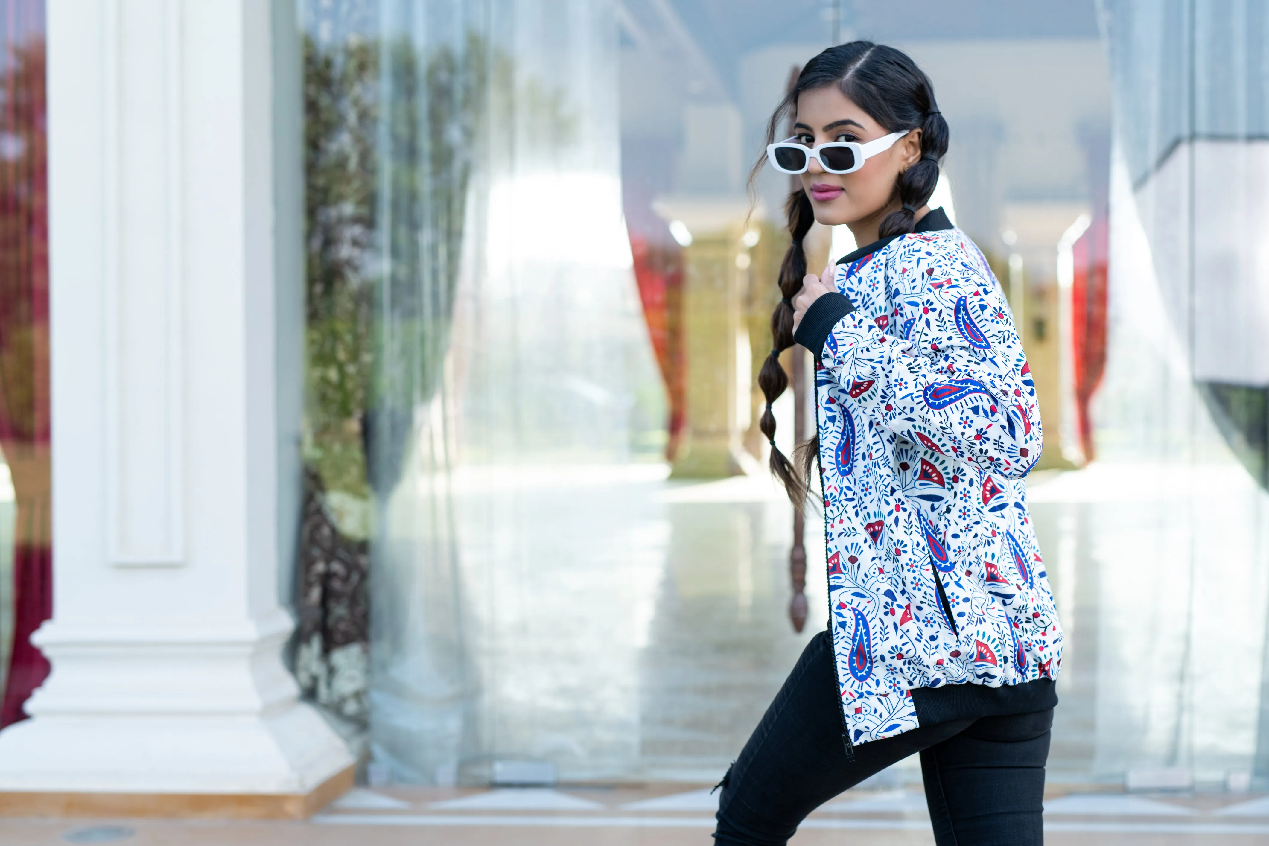 White Paisley Printed Velvet Jacket For Women