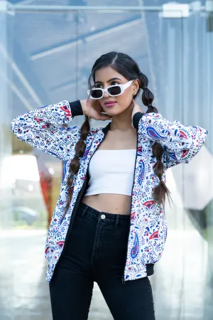 White Paisley Printed Velvet Jacket For Women