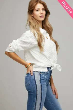 White Square Texture Button Front L/S