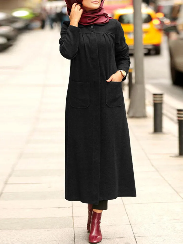 Winter Pure Color Front Pockets Casual Kaftan Tunic Muslim Women Maxi Dress