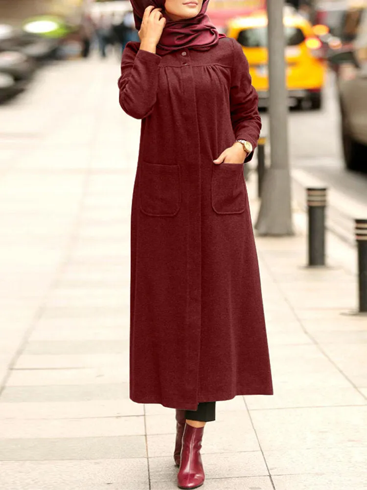 Winter Pure Color Front Pockets Casual Kaftan Tunic Muslim Women Maxi Dress