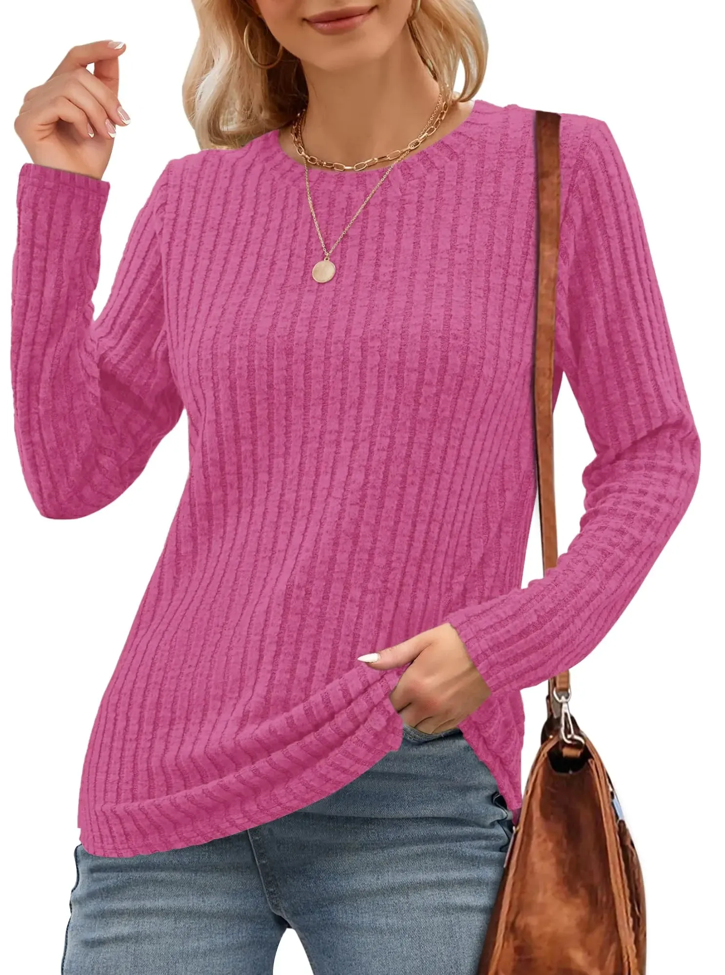 WNEEDU Long Sleeve Shirts for Women Round Neck Casual Lightweight Tunic Tops(Rose RedXL)