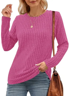 WNEEDU Long Sleeve Shirts for Women Round Neck Casual Lightweight Tunic Tops(Rose RedXL)