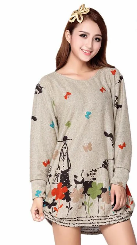 women casual print long sleeve dress plus size loose fashion dresses cartoon tunic big large