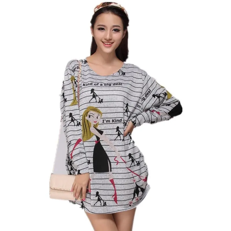 women casual print long sleeve dress plus size loose fashion dresses cartoon tunic big large