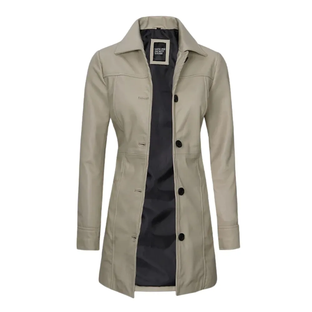 Women Long Beige Leather Coat
