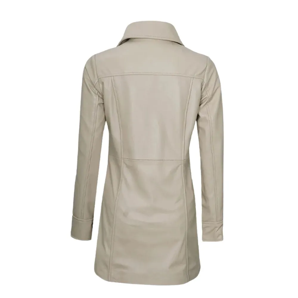 Women Long Beige Leather Coat