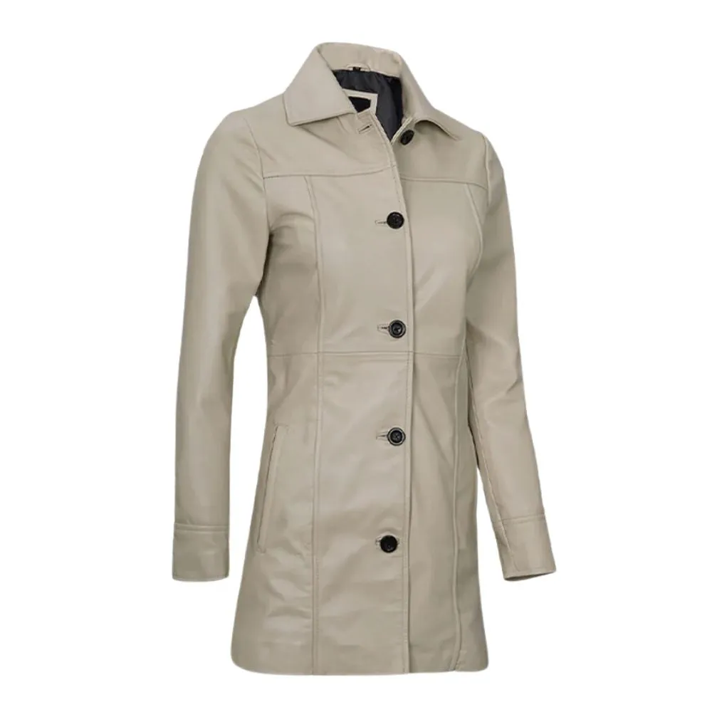 Women Long Beige Leather Coat