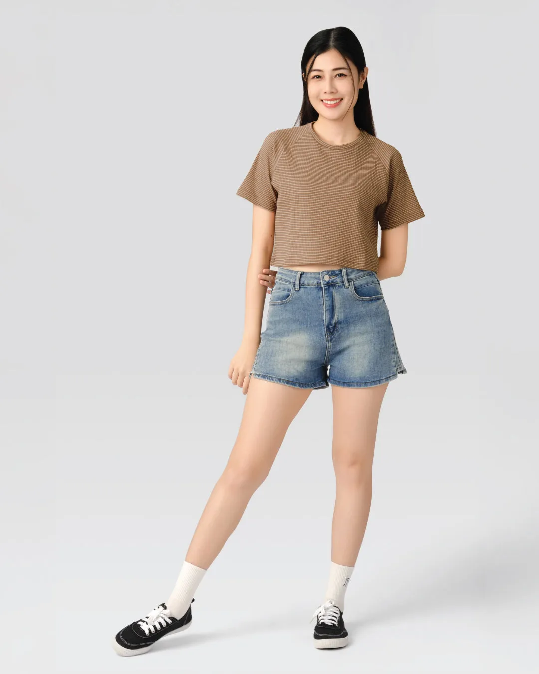 Women Ribbed Raglan Stripe Cropped Top