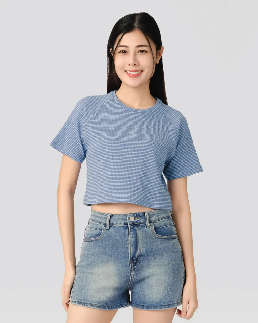 Women Ribbed Raglan Stripe Cropped Top