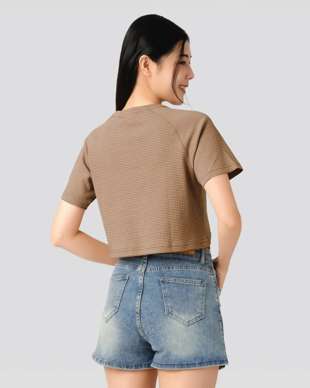 Women Ribbed Raglan Stripe Cropped Top