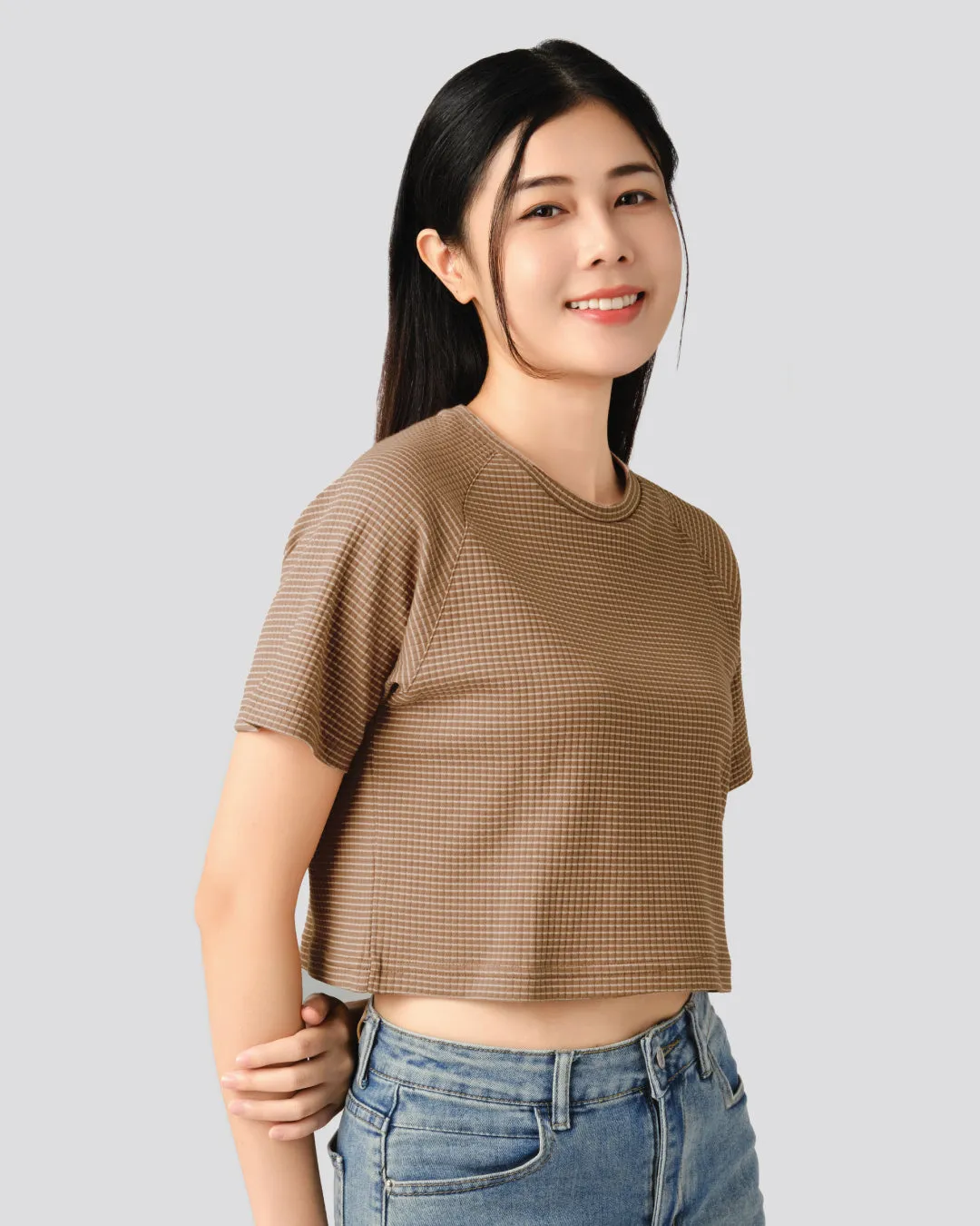 Women Ribbed Raglan Stripe Cropped Top