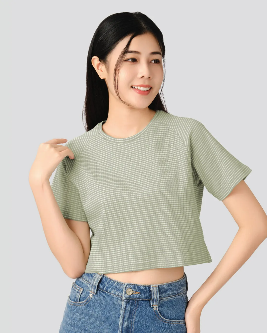 Women Ribbed Raglan Stripe Cropped Top
