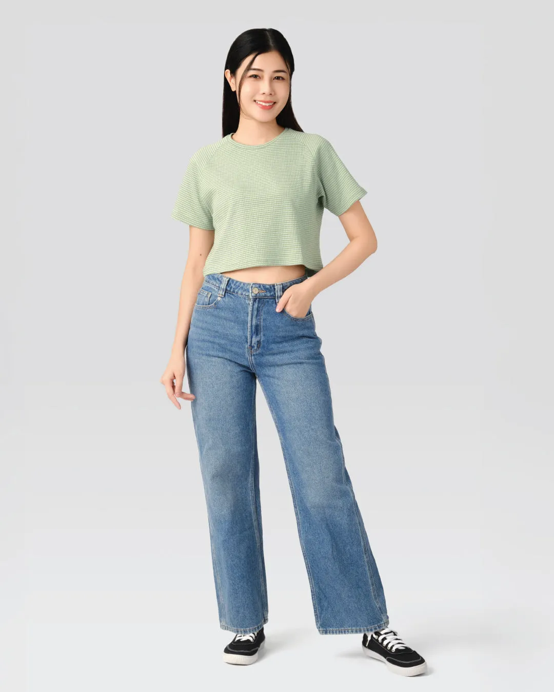 Women Ribbed Raglan Stripe Cropped Top