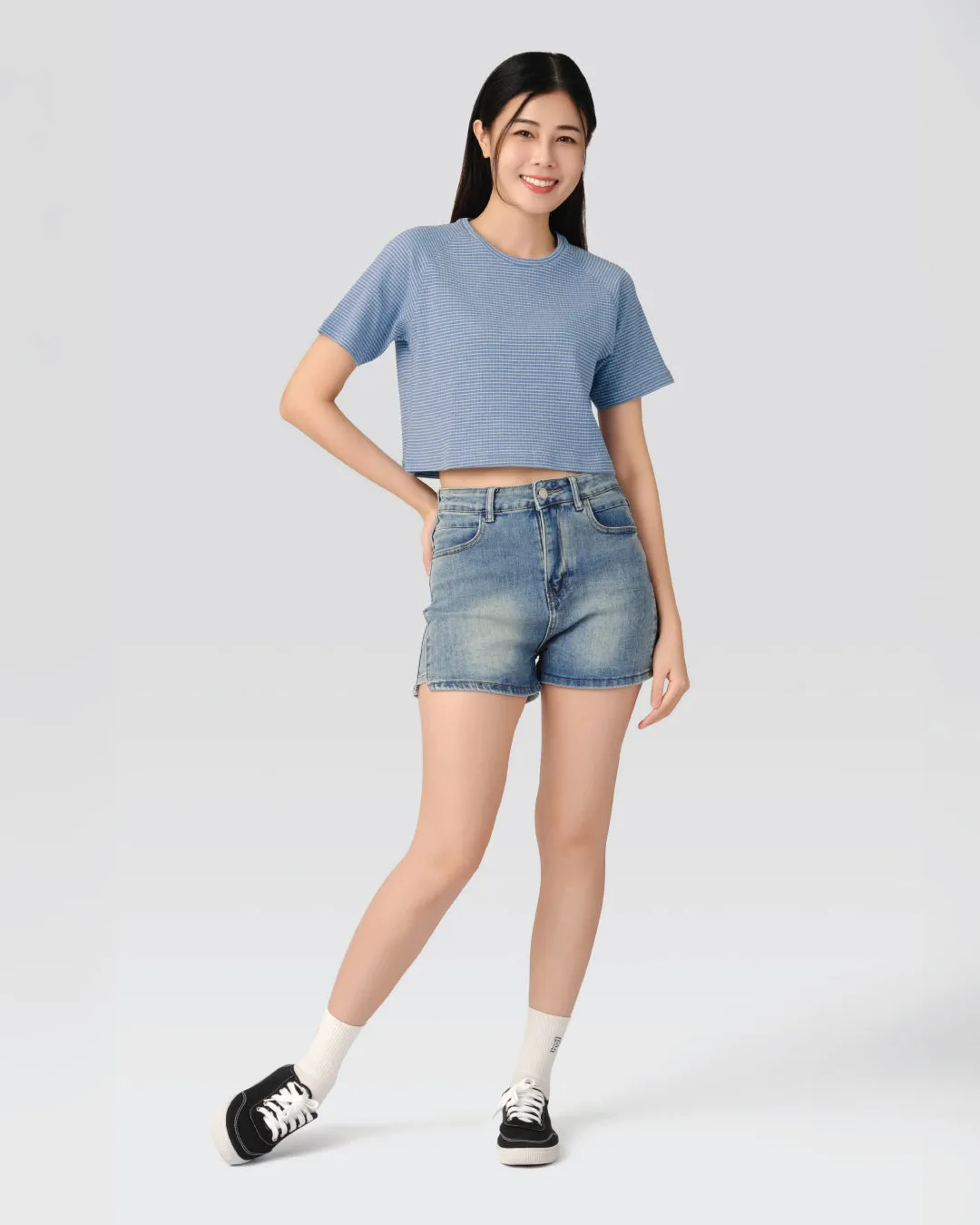 Women Ribbed Raglan Stripe Cropped Top