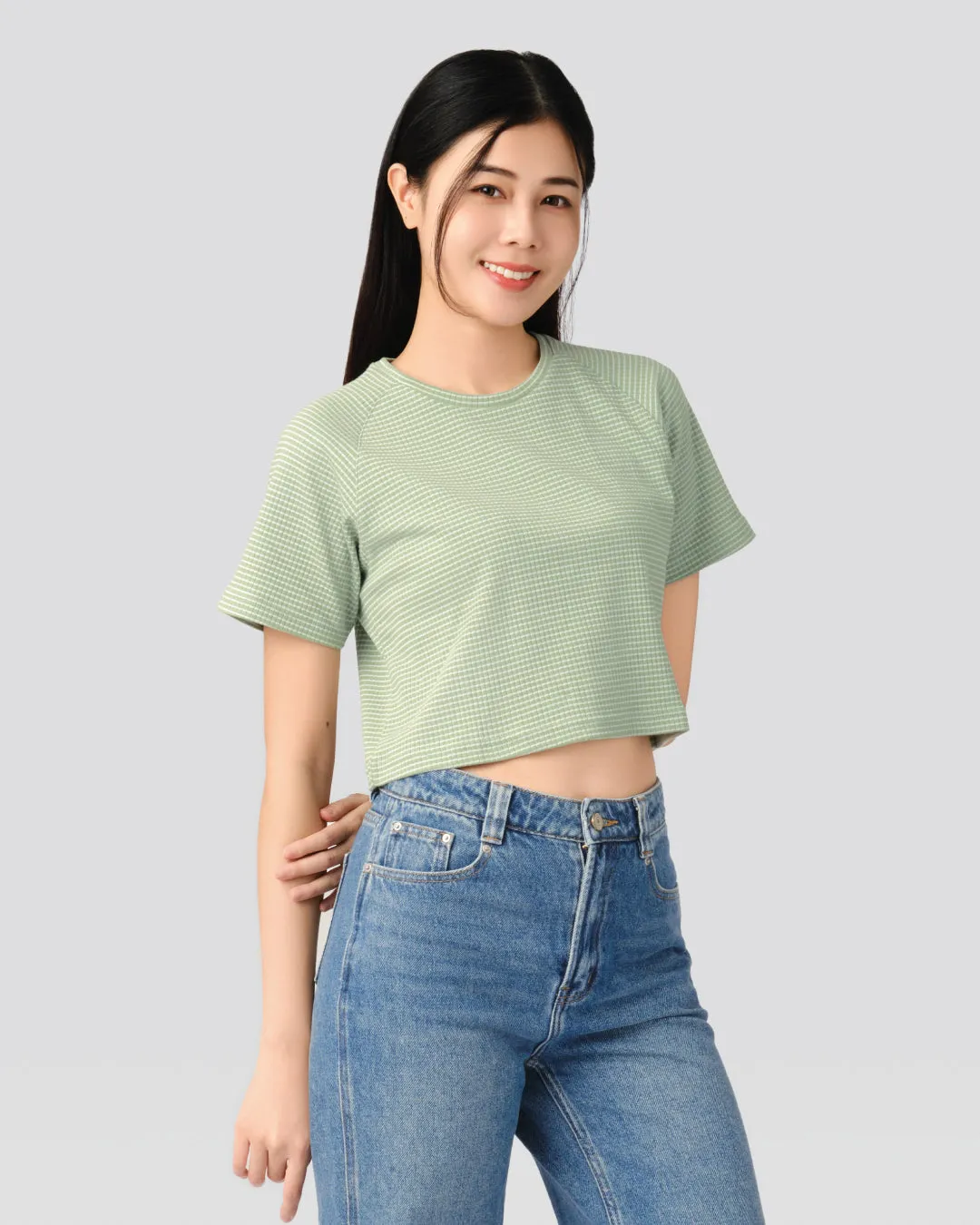 Women Ribbed Raglan Stripe Cropped Top
